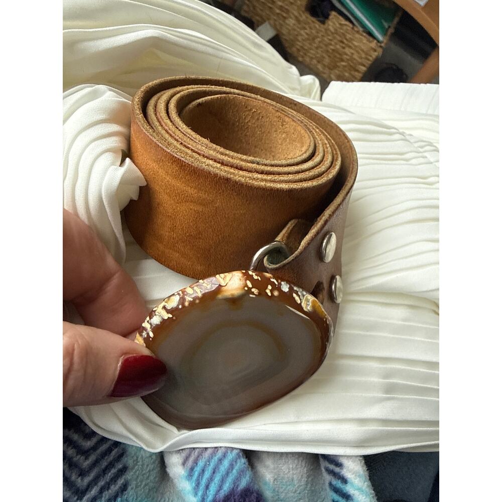 Brown leather belt cuddling couple tooled on it Brazilian agate slice buckle